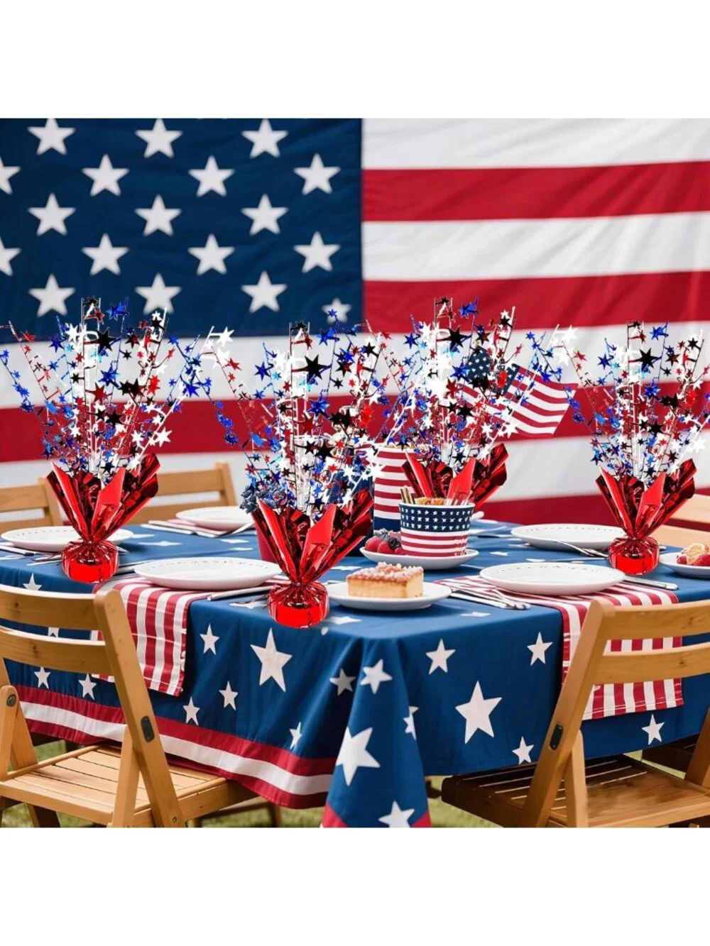 6 Pack Patriotic Table Centerpiece Decorations - Metallic Star Burst for 4th of